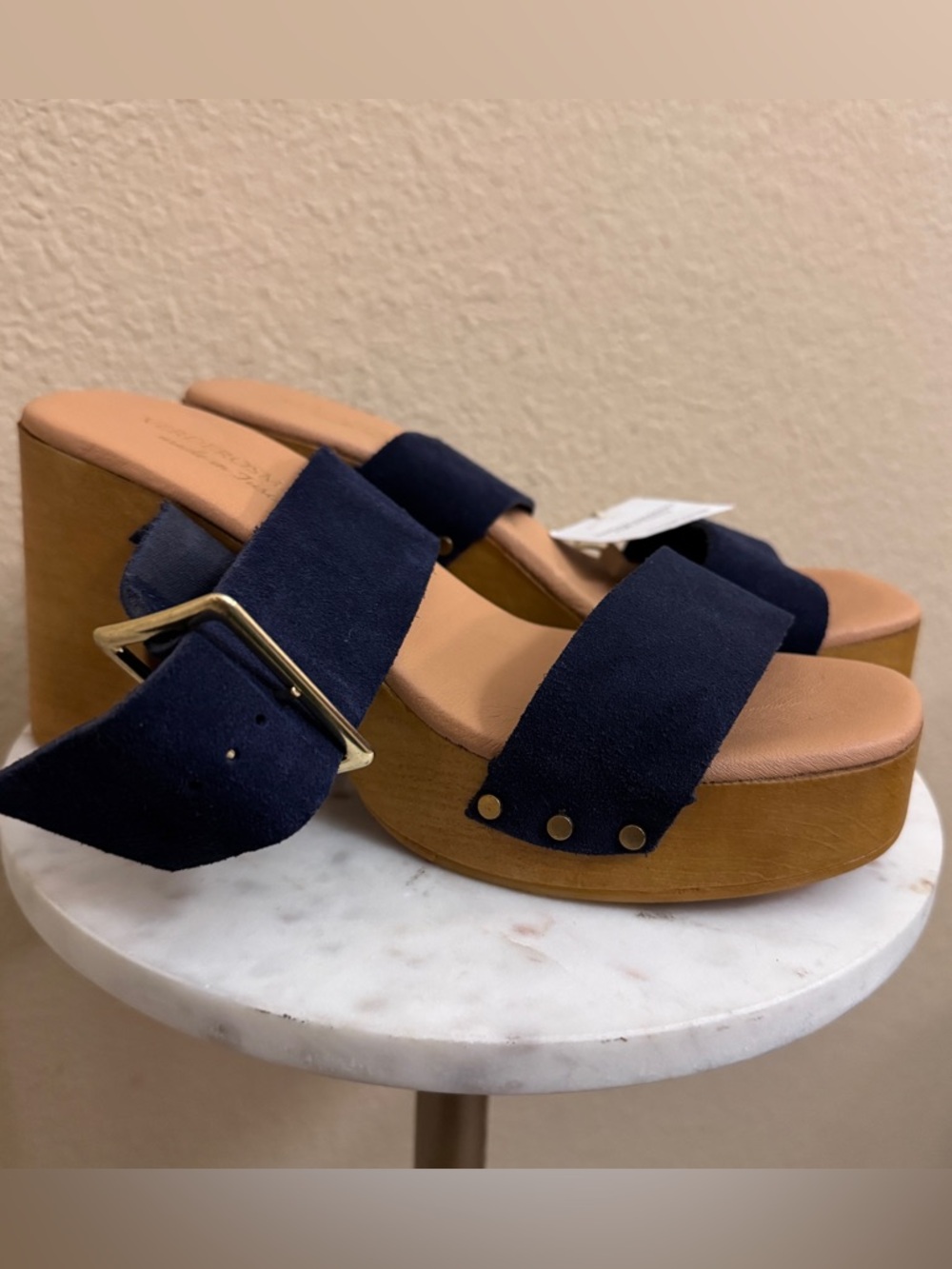 Women Tuscany Navy Genuine Suede Wood Platform Sandals Made in Italy EU39/US8.5